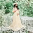 Beige Платье для беременных, для кормящих женщин, с открытыми плечами, кружевное, длинное, макси платье, платье для беременных, для фотосессии, Повседневная Пижама, vestido elbise - Color: Beige