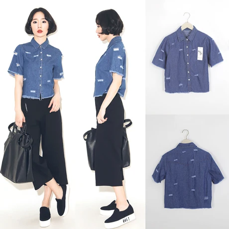 Women Tops Summer Style 2015 Korean Fashion Casual Ripped Hole Short Sleeve Blue Denim Shirt Jeans Top blusa feminina T38 |