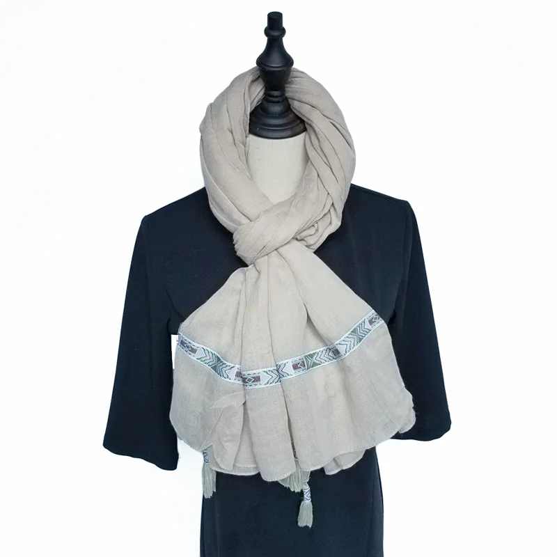 Solid Color Women Hijab Scarves for Ethnic Cotton Tassels Wrap Sunscreen Travel Long Shawl [1902] |