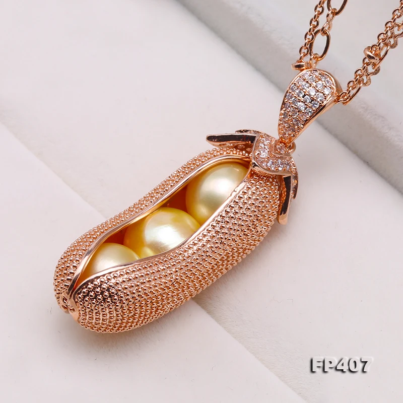 Pea Pod Pendant Perfect 10.5mm Gold Round Freshwater Pearl Necklace | Necklaces