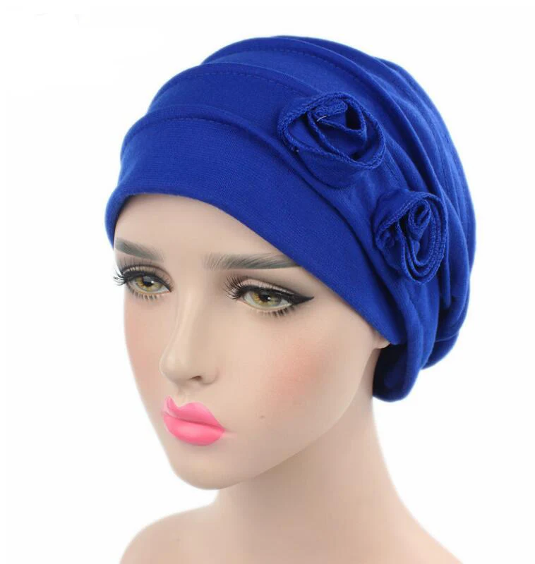blue Модные женские шапки, два цветка, женские шапки бини, шапки тюрбан, Skullies, аксессуары для волос, бандана, покрытие для волос, шляпы для химиотерапии - Цвет: blue