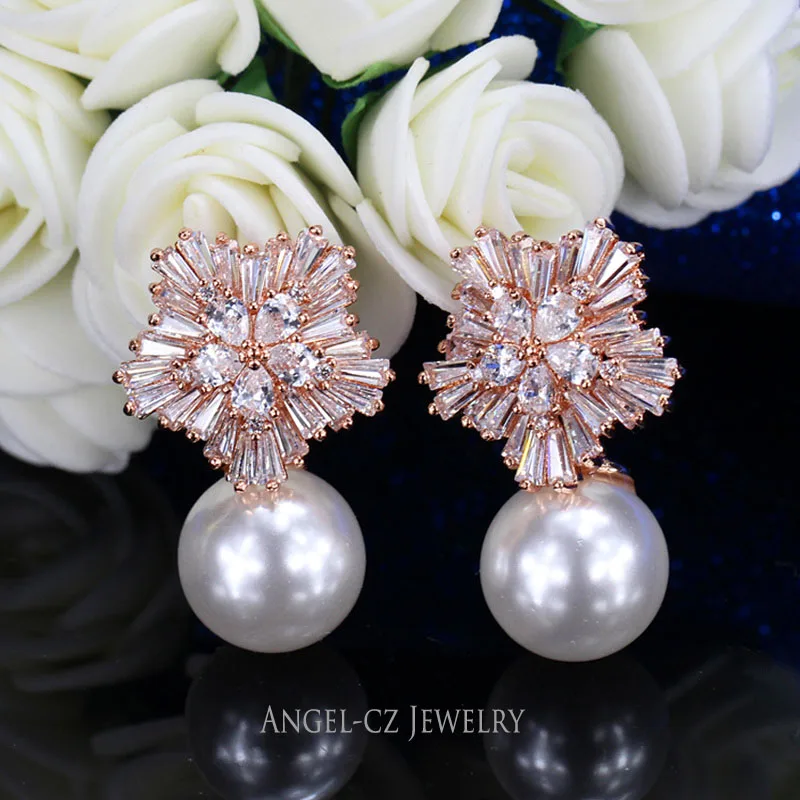 Rose Gold Color ANGELCZ, для рождественской вечеринки, дизайнерские, полностью микро, Роскошные, кубическая циркониевая Снежинка, серьги-гвоздики с жемчугом, Женские Ювелирные изделия, AE120 - Окраска металла: Rose Gold Color
