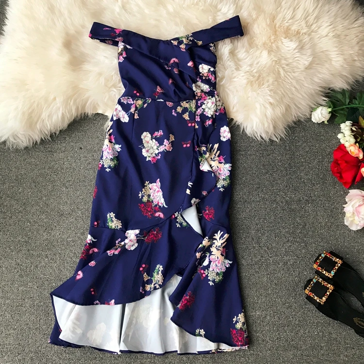 New women summmer dresses boat neck Print robe sexy Fishtail vestidos mujer Irregular split floral dress off shoulder | Женская одежда
