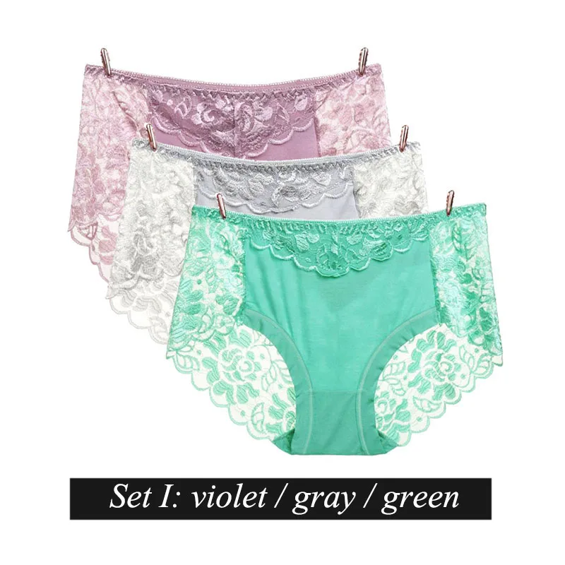 set I BllooBeell, 3 шт., однотонное женское нижнее белье, трусики для девушек, сексуальные кружевные трусы, с вырезом, со средней посадкой, дамское нижнее белье, модал, большой размер XXXL - Цвет: set I