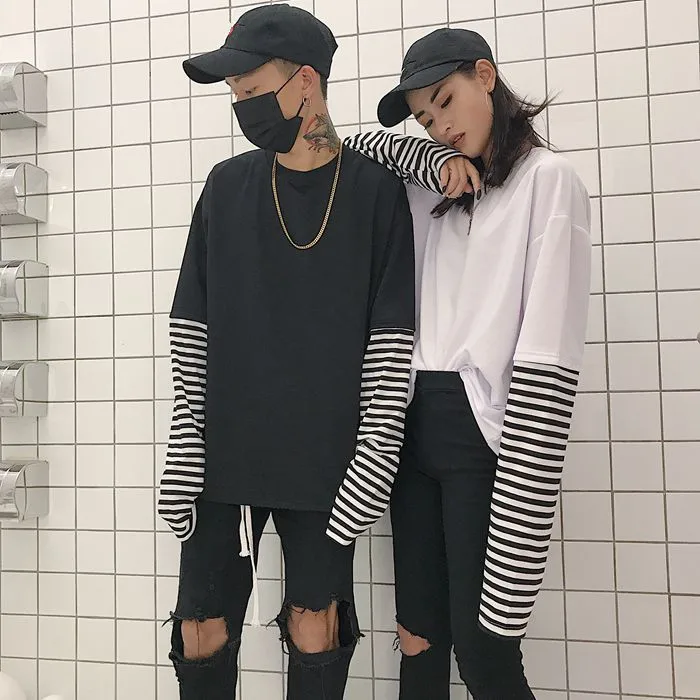 Polera Mujer, женская модная футболка, корейский стиль, Ulzzang, Harajuku, имитация двух частей, полосатая футболка, Женский Топ с длинным рукавом