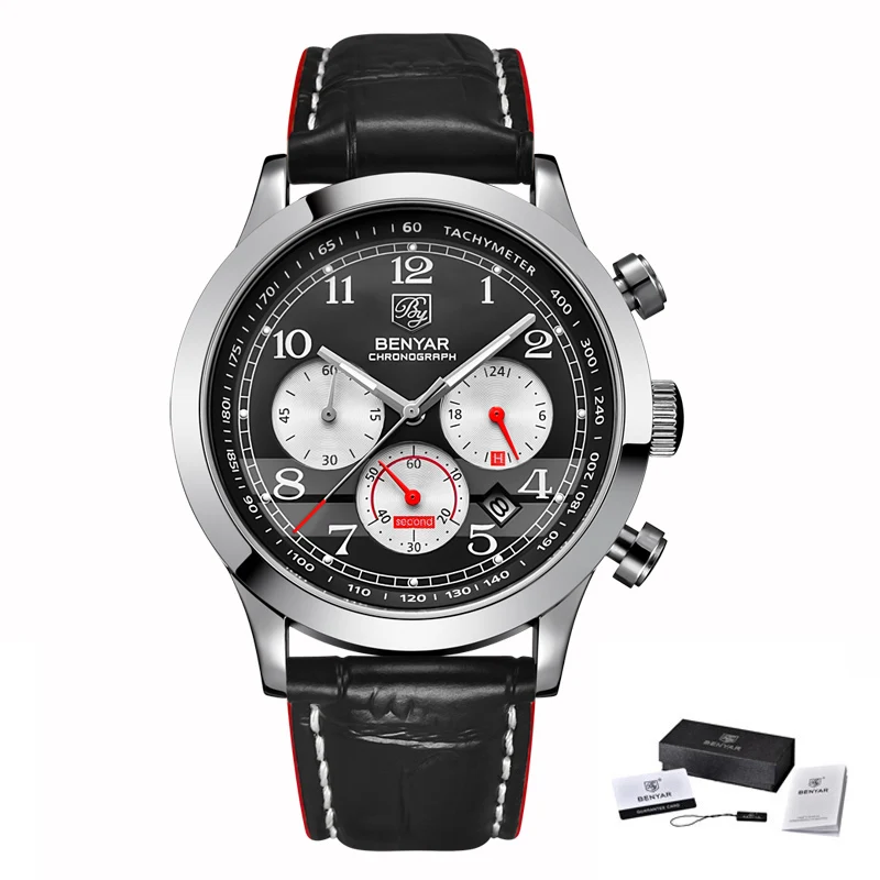 L silver red B Benyar часы мужские роскошные брендовые многофункциональные кварцевые мужские s спортивные наручные часы погружение 30 М часы с кожаным ремешком в стиле кэжуал Relogio Masculino - Цвет: L silver red B