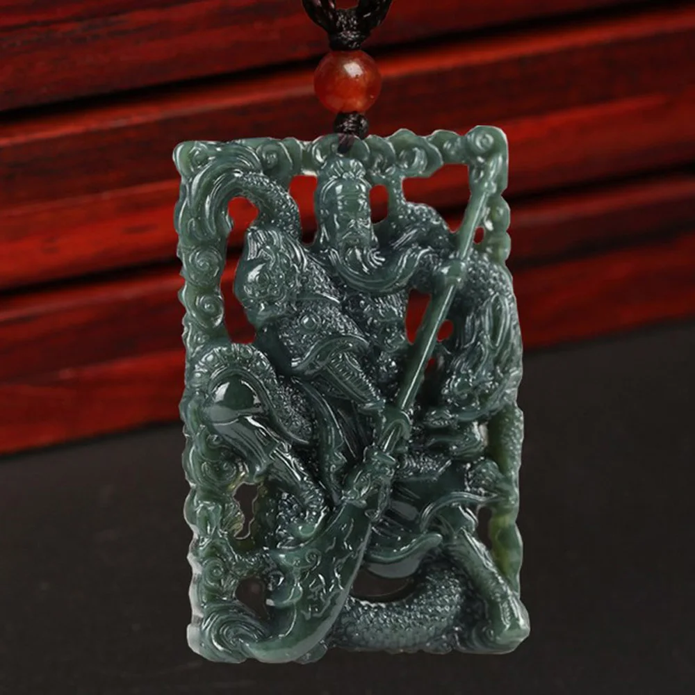 Прямая XinJiang HeTian Qing Jade кулон счастливый амулет полые резные GuanYu ожерелье с цепочкой для мужчин и женщин подарок