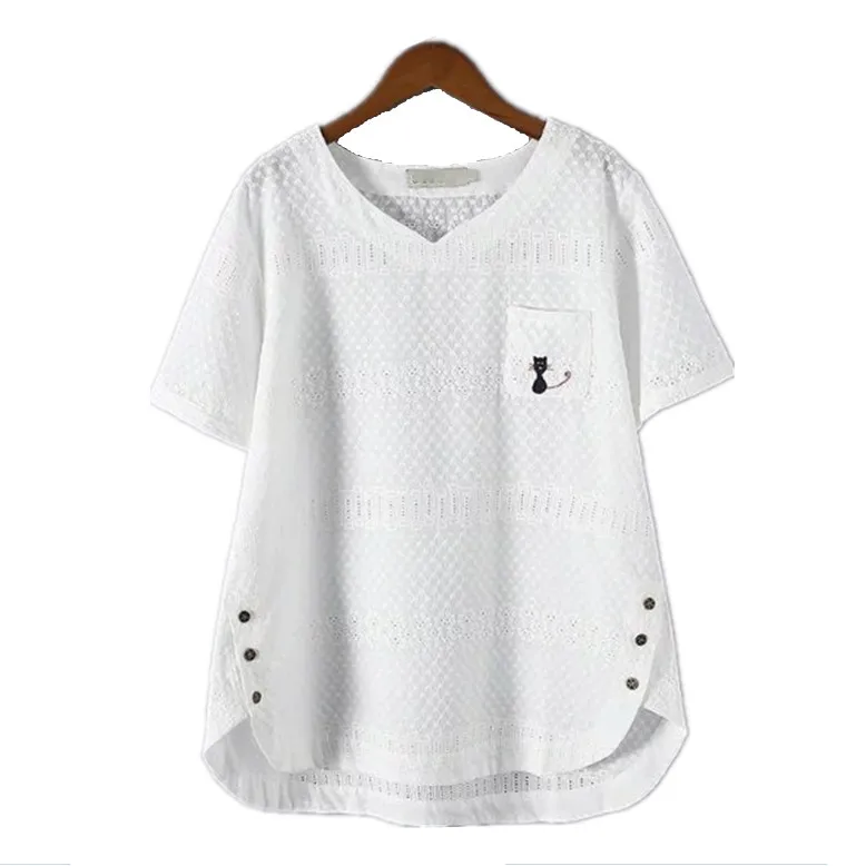 2021 Летняя женская Свободная тонкая хлопковая рубашка размера плюс с вышивкой