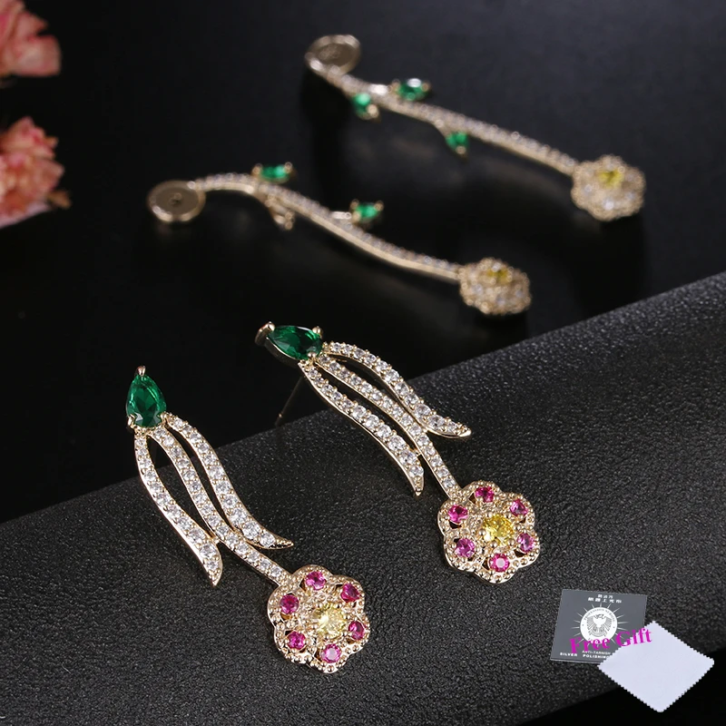 Elegant Multicolor Rose Flower Party Drop Earrings For Women Wedding Yellow Gold Color CZ Stone Long Brnicos | Украшения и
