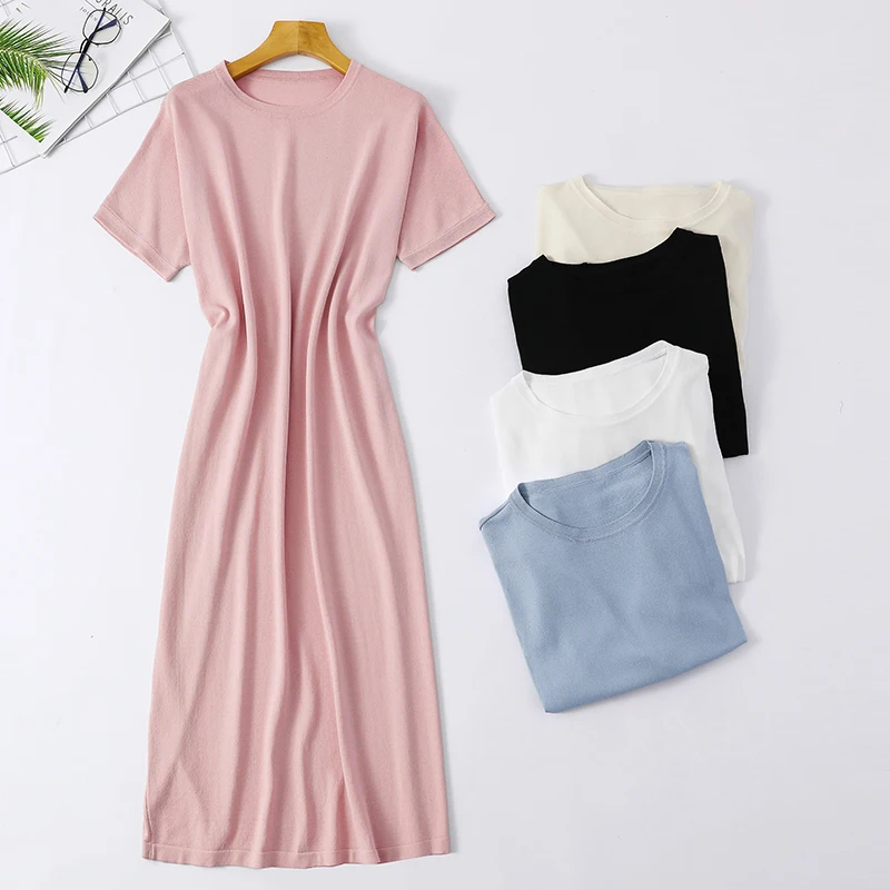 Для женщин Летнее однотонное длинное платье с круглым вырезом и короткими