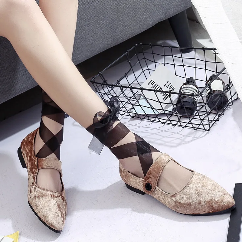 Женщины Острым Носом Зашнуровать Ботинки Балета Marry Джейнс Квартиры Бабочкой Riband