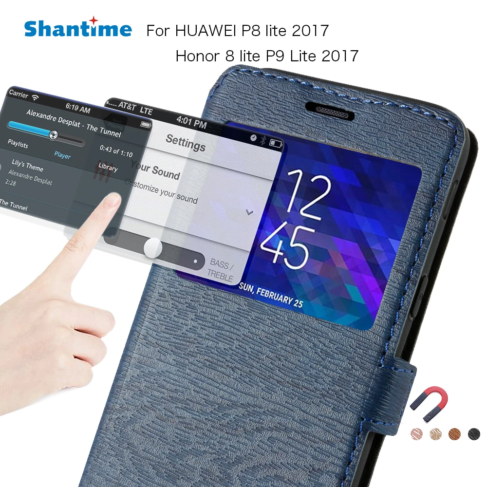 Кожаный флип-чехол для Huawei P8 Lite 2017 чехол-книжка с окошком P9 Мягкая силиконовая