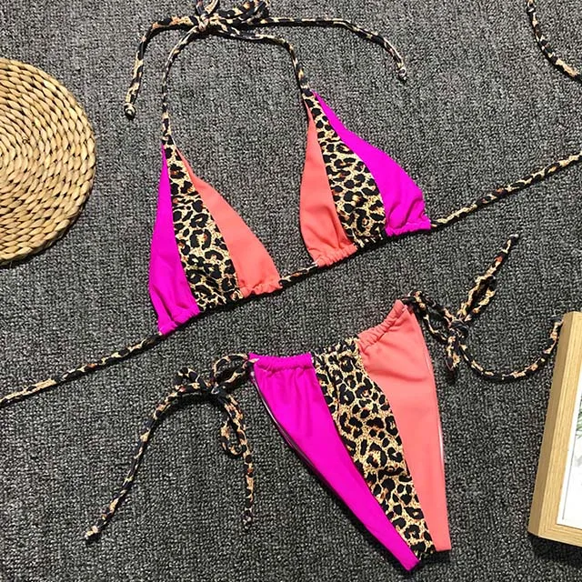 B793Pink Зебра печати Холтер микро бикини Женский бандо стринги женский купальник неоновое блестящее бикини набор Леопардовый купальный костюм - Цвет: B793Pink