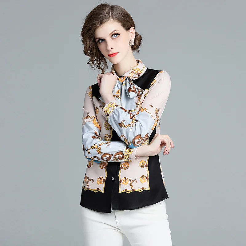 Womans Printed Long Sleeve Bow Collar Slim Shirt Tops Vintage 2018 Autumn Women's Runway big Size Shirts Blouses H6-6123 |
