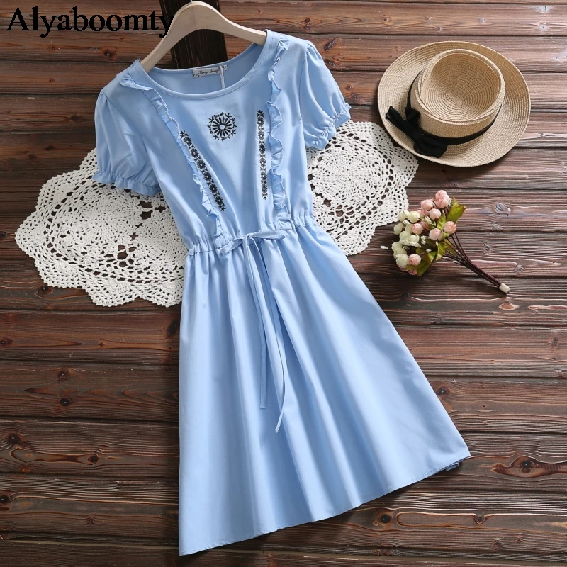 Японский Мори девушка летнее женское синее платье Элегантная гофрированная с