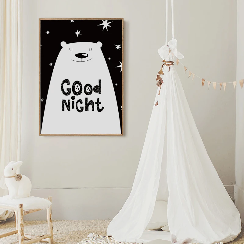 Черный и белый Медведь Goodnight A2 A3 A4 холст живопись художественный принт постер