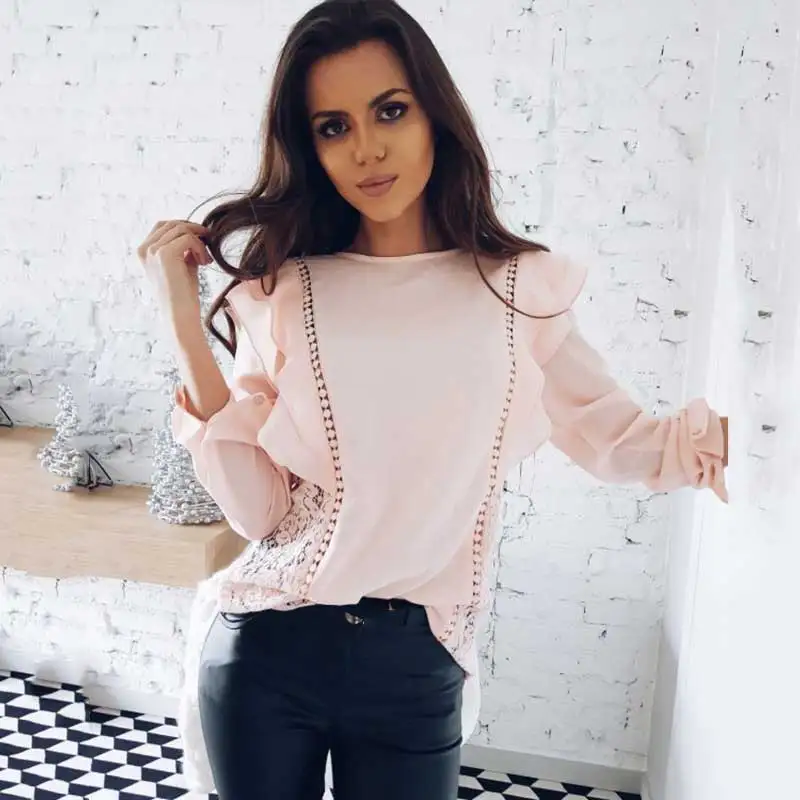 Женская мода XXL открытая Розовая белая футболка с длинным рукавом элегантный топ
