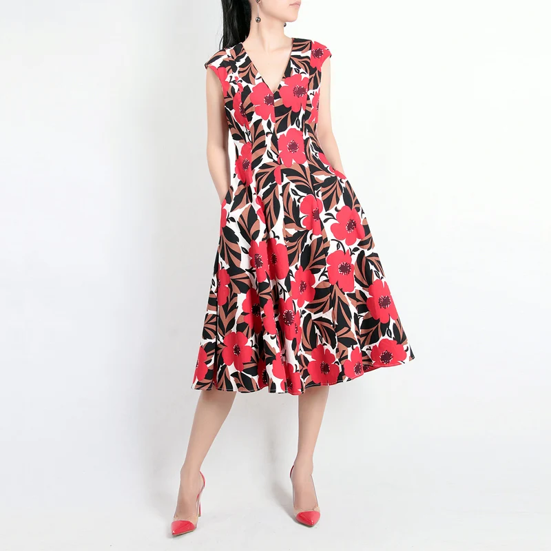 

HIGH QUALITY New Fashion 2018 Designer Runway Dress Cotton Vintage Oil Paint Flower Print Sexy V-Neck Slim Waist Cotton Dress