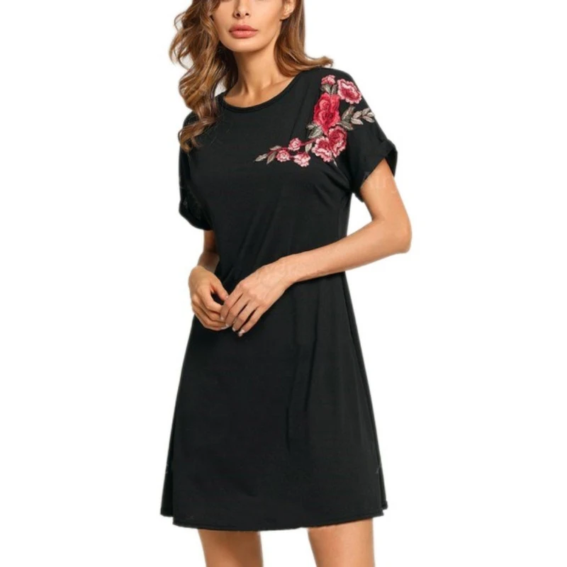 Платье рубашка женское ТРАПЕЦИЕВИДНОЕ с цветочной вышивкой и длинным