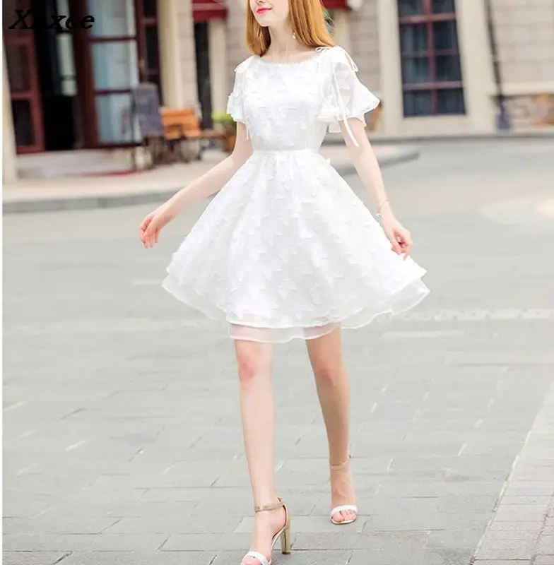 High Quality O-neck Party Dresses Women Elegant Flare Sleeve Dress Female 2018 Summer Slim Short Chiffon Vintage Vestidos | Женская