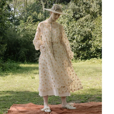 without inner dress IRINAY129 коллекция ss дизайн винтажное миди прозрачное летнее платье в горошек с длинным рукавом - Цвет: without inner dress