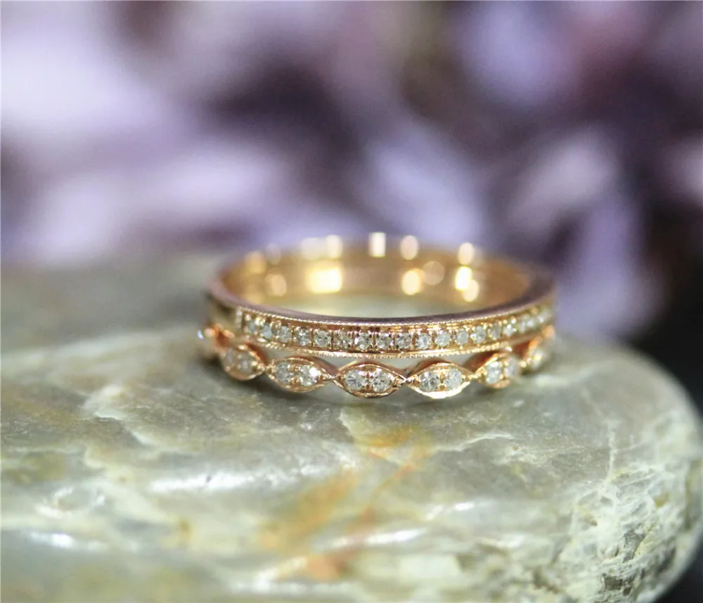 DUPUY 2pcs 14K Rose Gold Wedding Ring Set Art Deco Half Eternity Diamonds Band Milgrain Bezel Match Bridal | Украшения и