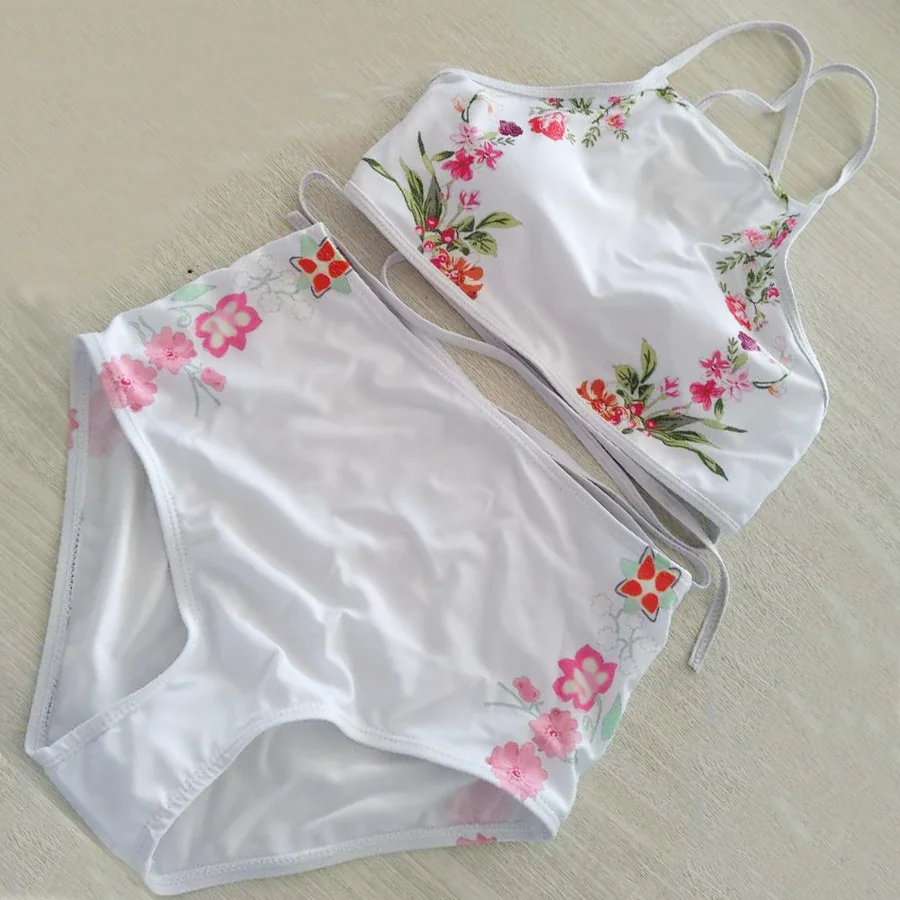 New High Waist Bikini Set Women Sexy Bikinis Flower Swimwear Vintage Halter Neck Swimsuit Female Biquini Black Bathing Suit | Женская