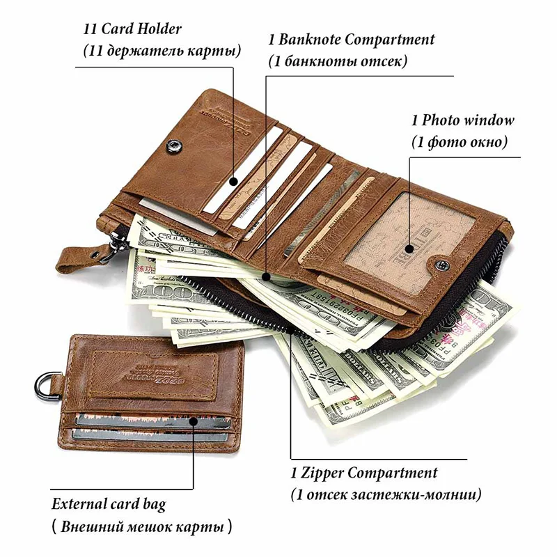 

FABLAUGH Genuine Leather Men Wallet Fashion Coin Purse Card Holder Small Wallet Portomonee Male Clutch Zipper Clamp LuxuryWallet