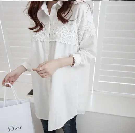 Korean Lace Patchwork Fashion Midi Loose Blouses Elegant Solid Full Sleeve Clothings Sexy Chic Button Casual blusas | Женская одежда