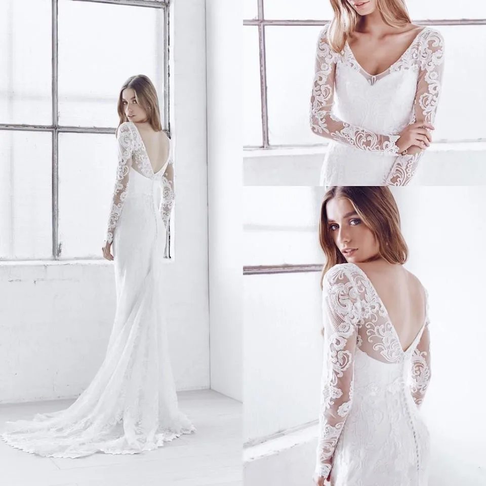 Античная с длинными рукавами белого кружева свадебное платье русалка v образным