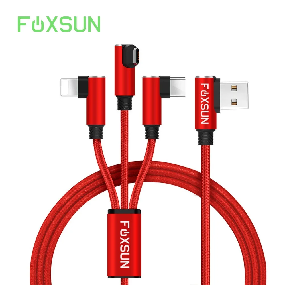 FOXSUN правый угол 3 в 1 USB зарядный кабель Type C/для Lightning/Micro Шнур для iPhone iPad Samsung Galaxy