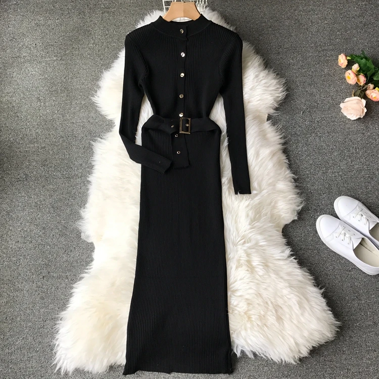 ALPHALMODA элегантные офисные платья вязаное платье Однобортный высокого пояса