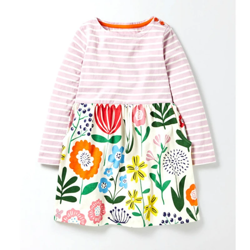 Хлопковые платья с вышивкой в виде животных для маленьких девочек полоску одежда