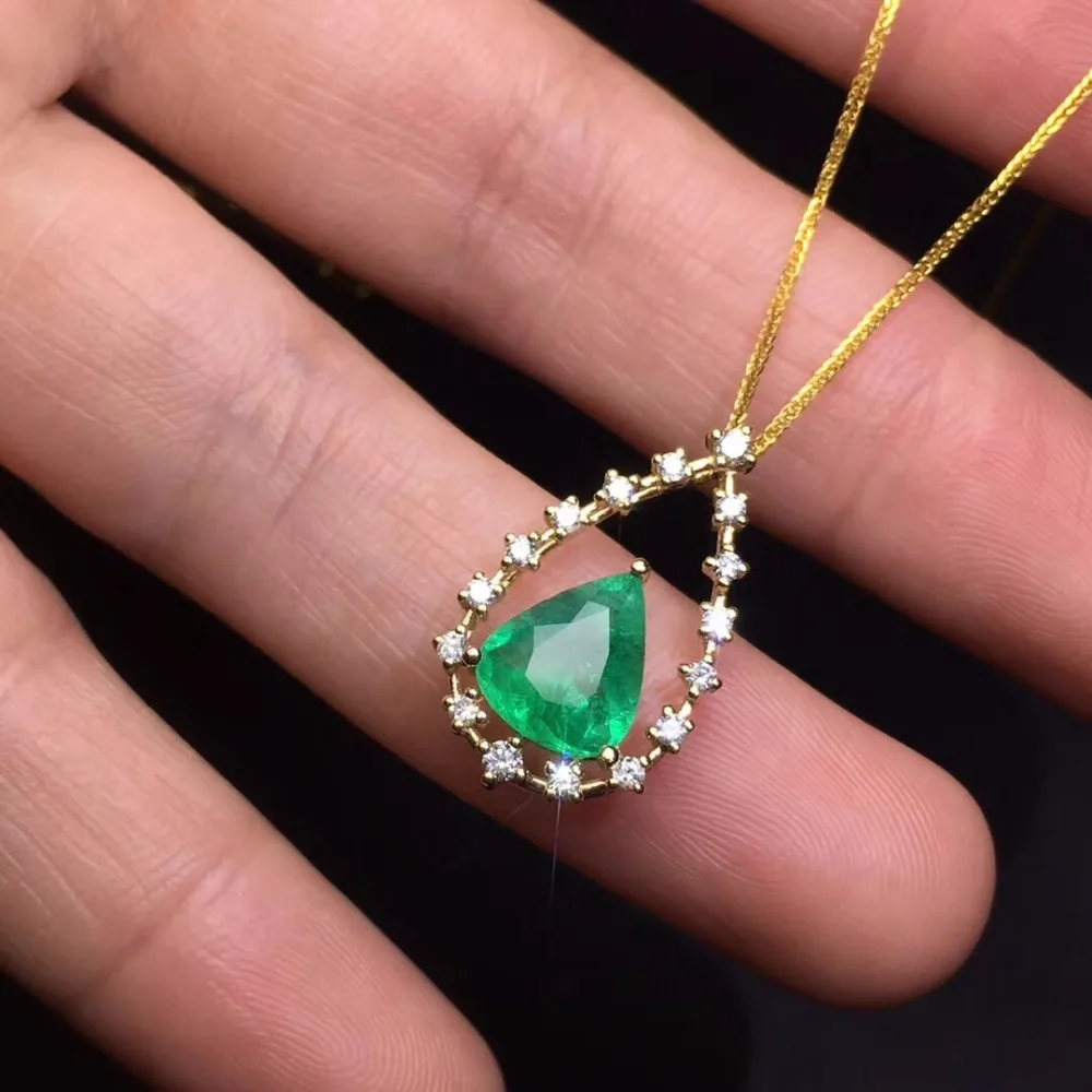 Женское Ожерелье из чистого 18 каратного золота с зеленым изумрудом 100%