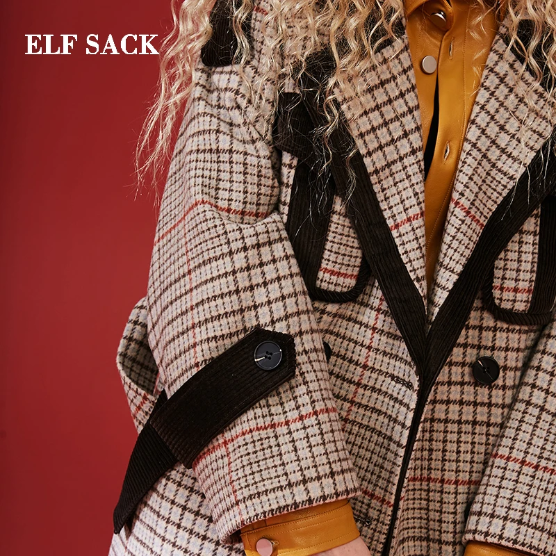 ELFSACK клетчатая британская шерстяная куртка длинное шерстяное пальто для женщин