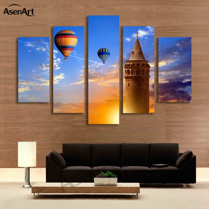 Пейзаж 5 Панель Закат воздушный шар умеренная картина маслом для гостиной