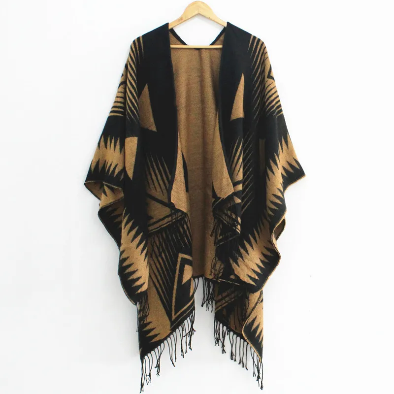 SUMEIKE Boho Для женщин вязаный кардиган пончо зима геометрический узор кисточкой