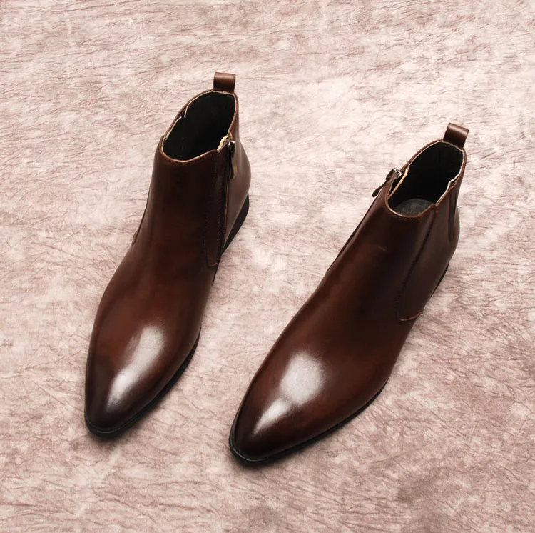QYFCIOUFU Fashionable Genuine Leather Chelsea Boots For Men Pointed Toe Zipper Flat Handmade Italian Brand Mens Dress Boots