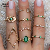 tocona 9pcssets bohemia luxurious green crystal stone finger rings sets hollow geometric jewelry for women men wedding 7120