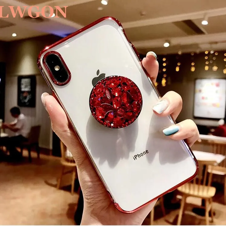 Lwgon Luxury Bling Diamond Airbag Bracket Rhinestone Crystal Clear Soft Case Cover For OPPO R9 R9S R11 R11S Plus R15 R17 P |