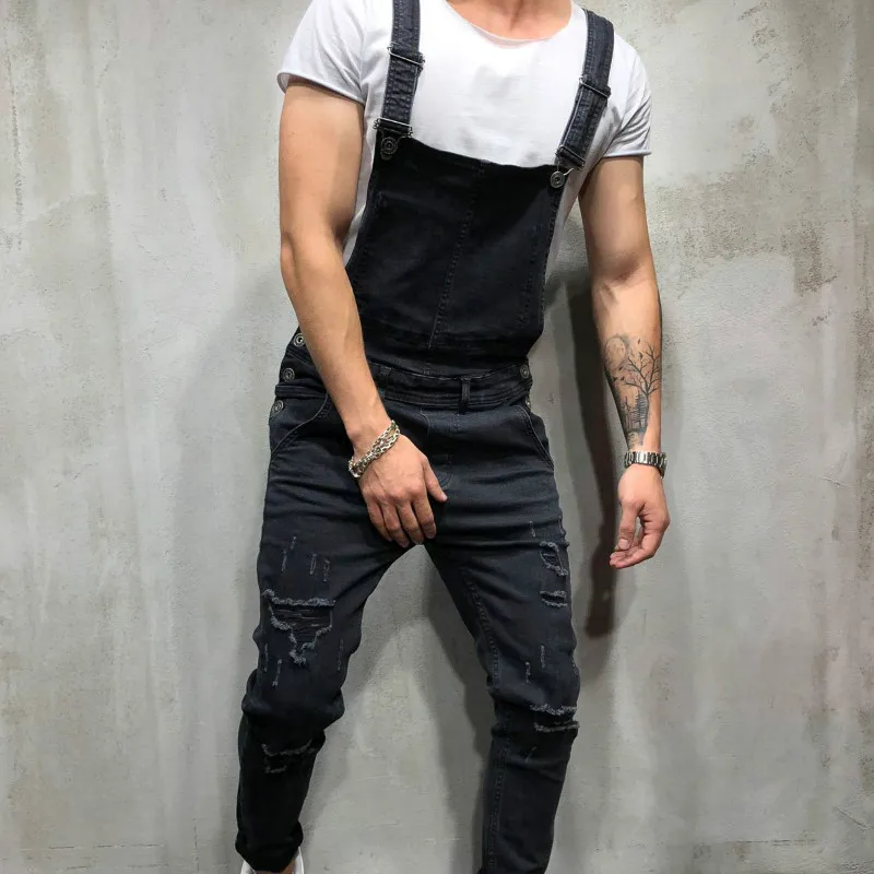 

2019 Spring men's Denim Jumpsuits worn men's Skinny Biker jeans Fashion Ripped Rompers Denim Pant A037