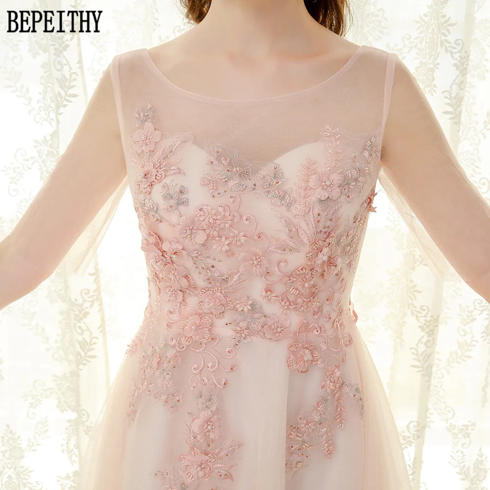 BEPEITHY vestido de festa, ТРАПЕЦИЕВИДНОЕ Тюлевое кружевное платье с бусинами и цветочной аппликацией, розовое платье для выпускного вечера, длинное вечернее платье