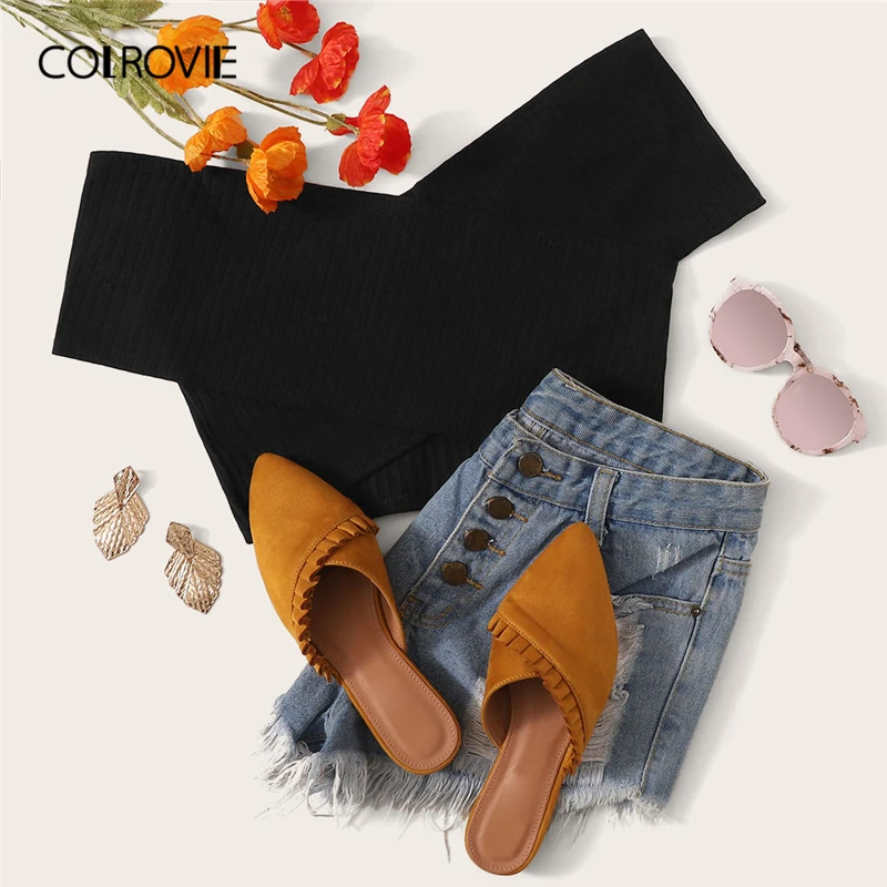 COLROVIE, черный топ с открытыми плечами, Перекрещенный, сексуальный, короткий топ, женская футболка,, летняя, тонкая, корейская мода, женские топы, футболка