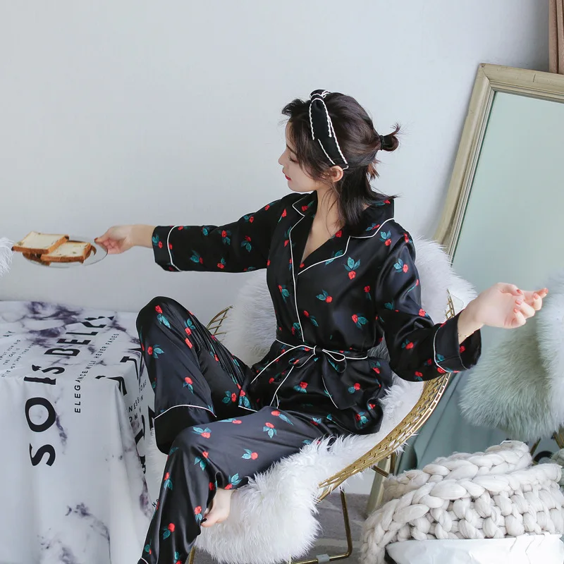 Осенняя шелковая сексуальная пижама женская зимняя рубашка с длинными рукавами