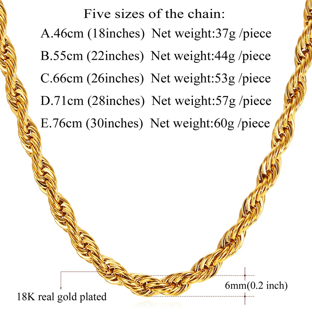 Мужская витая Сингапур цепочка ожерелье 6 мм 5 размеров из нержавеющей стали