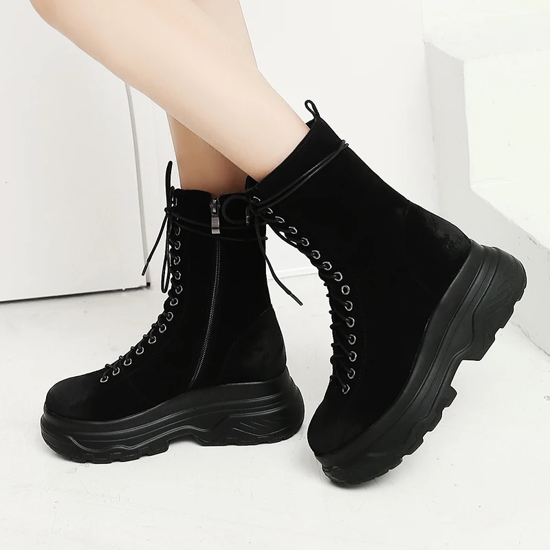 

WETKISS Platform Women Ankle Boots Round Toe Cross Tied Footwear Cow Suede Ladies Boot Fashion Casual Shoes Woman Winter 2018