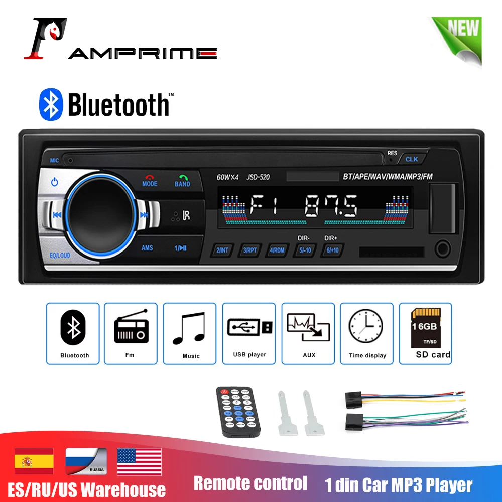AMprime Авторадио 12 В Автомагнитола Bluetooth 1 din автомобильный стерео плеер телефон AUX-IN/FM/USB/Радио пульт дистанционного управления для телефона автомобильный аудио