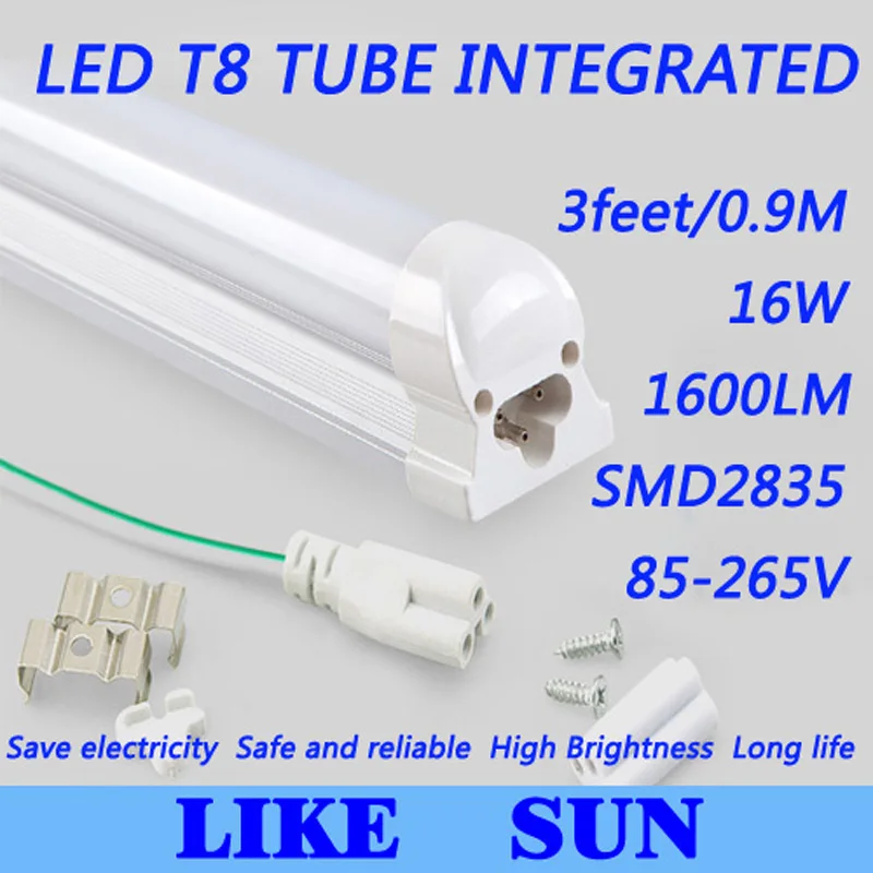 

Бесплатная доставка 100 шт./лот интегрированный T8 3 фута 900 мм 16 Вт SMD2835 1600 лм 85-265 в белый/теплый белый/холодный белый Светодиодный трубчатый св...