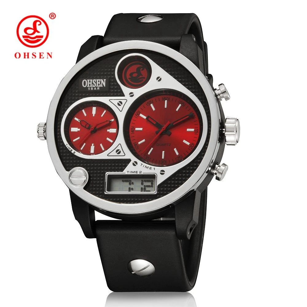 Мужские кварцевые часы Ohsen красные цифровые с силиконовым ремешком и дисплеем 50 м