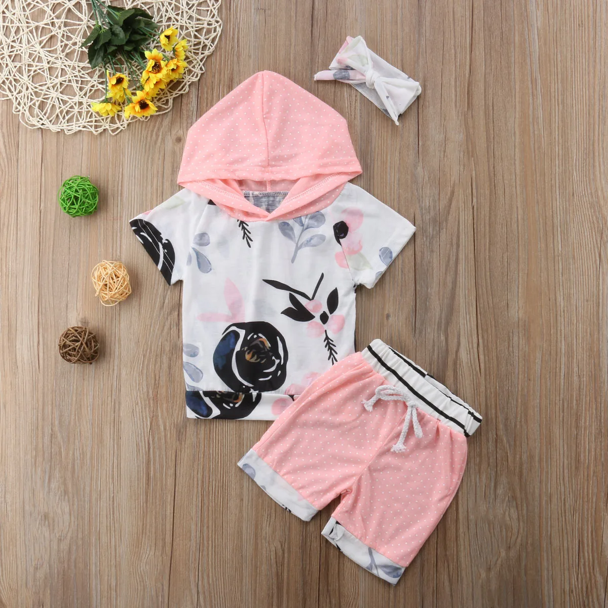 3PCS Infant Kids Baby Girls 2018 Hoodies Tops+Short Pants Headband Floral Polka Dot Outfits Sweet Summer Set | Детская одежда и